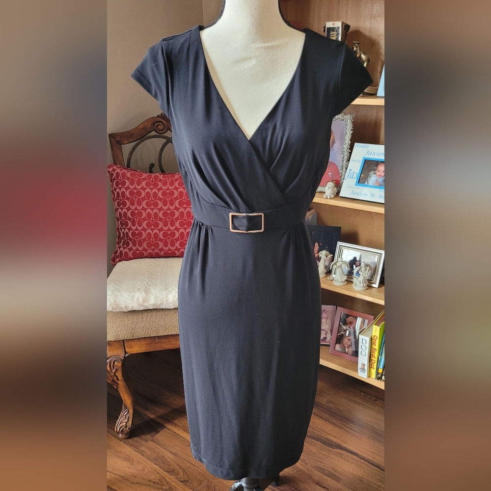 EUC- Elegant Black WHBM Dress with Silver Buckle Belt, Sz 10